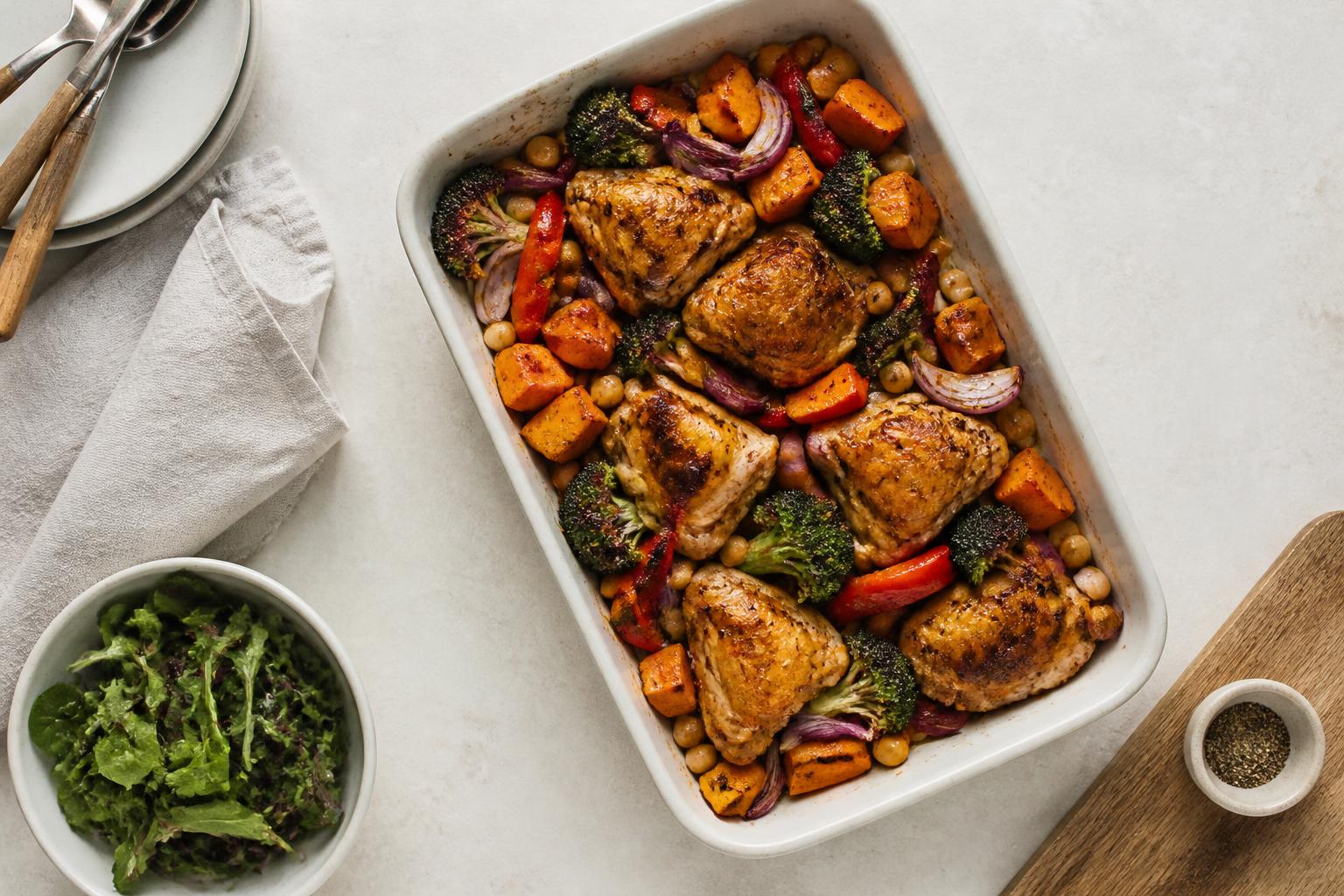 An open cookbook rests on a wooden kitchen counter beside fresh vegetables and a bowl of salad