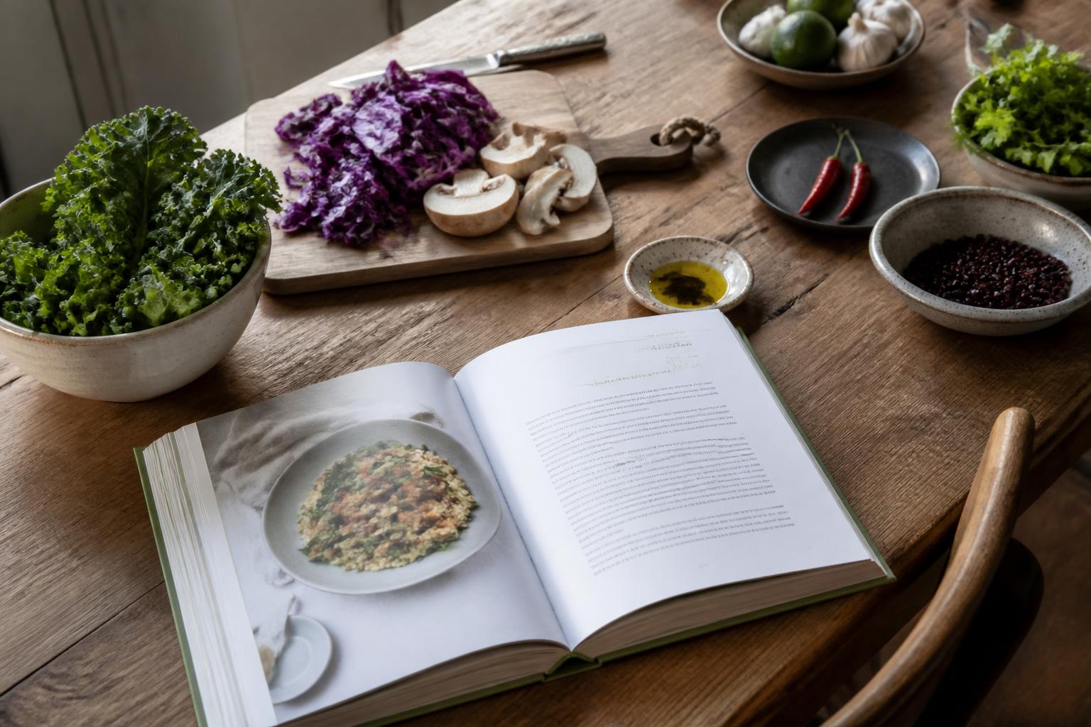 A wooden table featuring a stack of cookbooks, fresh vegetables, and a glass of water in a bright kitchen