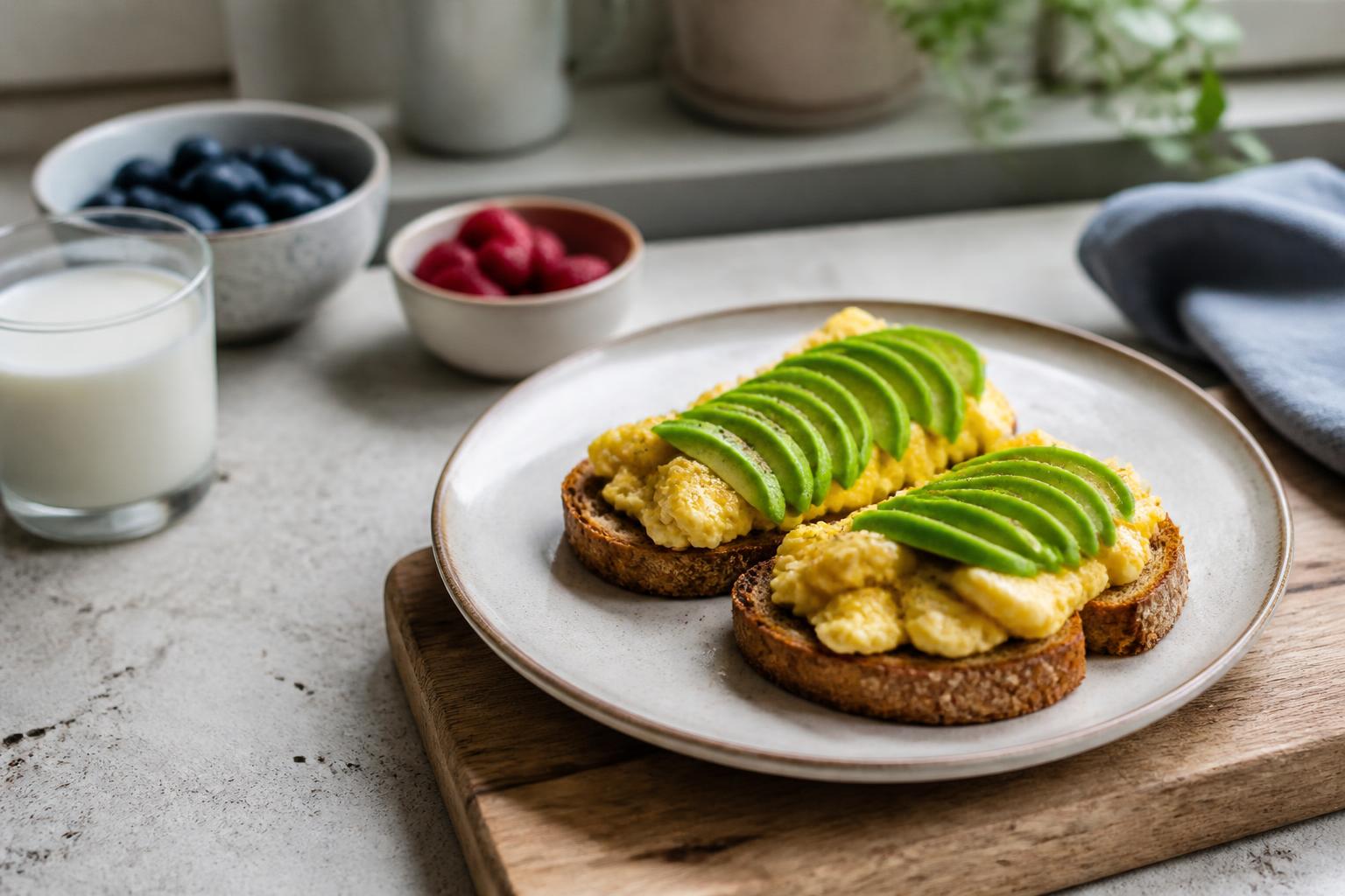 A colorful bowl of oatmeal topped with fresh berries and sliced bananas on a wooden kitchen table