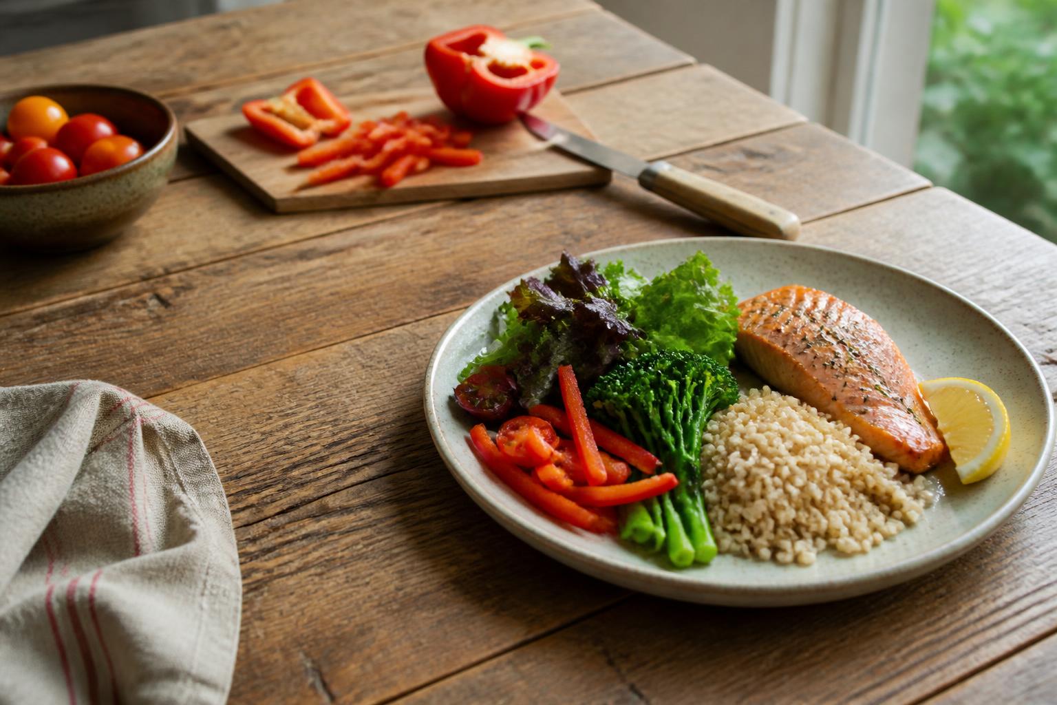 A wooden table arranged with bowls of fresh vegetables, whole grains, and colorful fruit in a sunlit kitchen