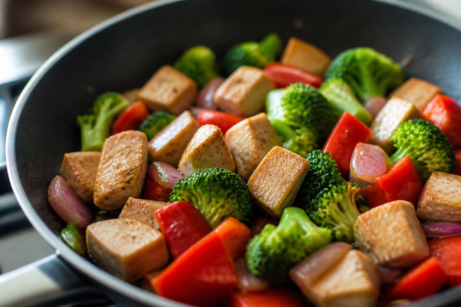 A colourful assortment of fresh vegetables and whole grains arranged neatly on a rustic wooden kitchen table
