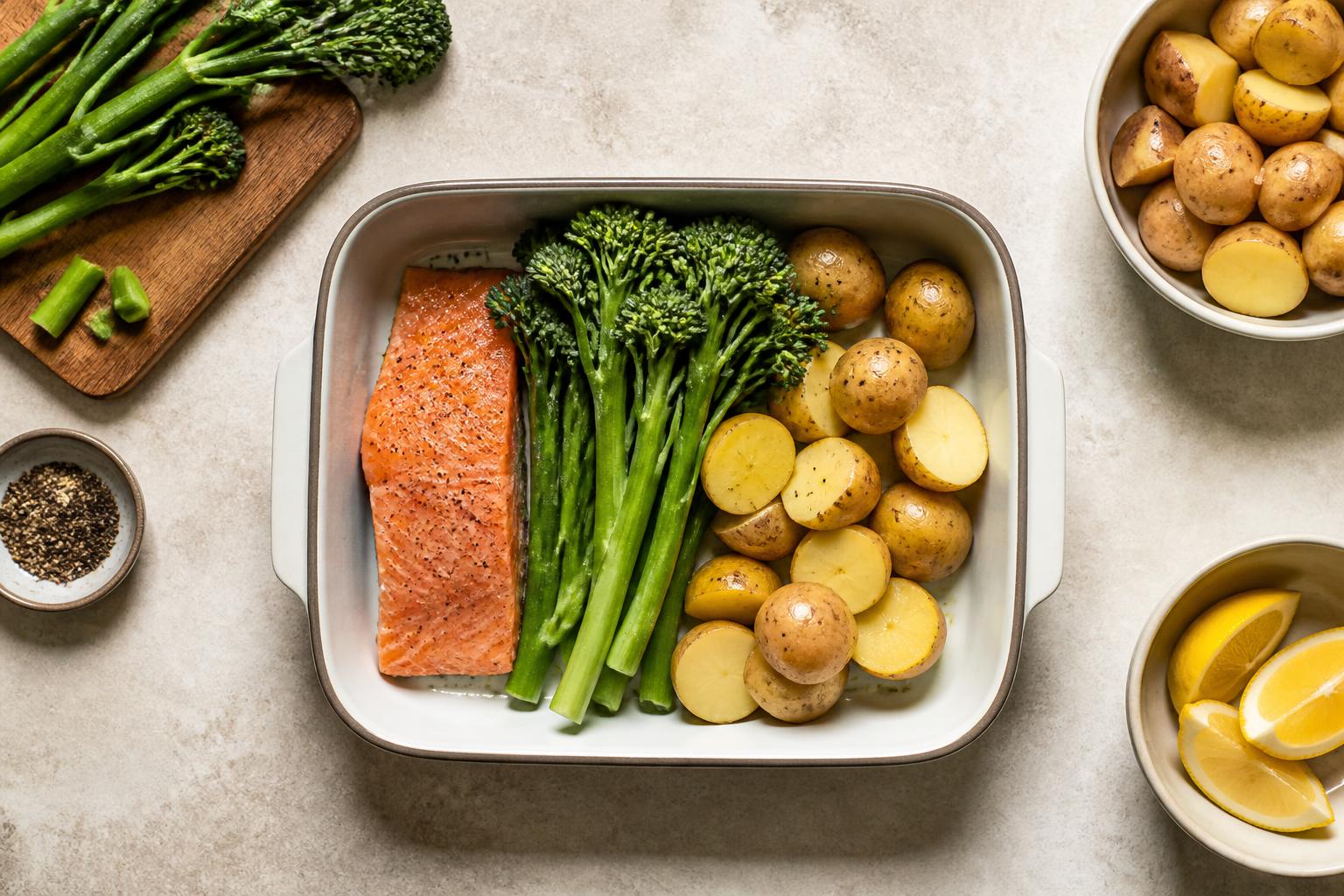 A wooden bowl filled with vibrant fresh vegetables and fruits sits on a rustic kitchen table