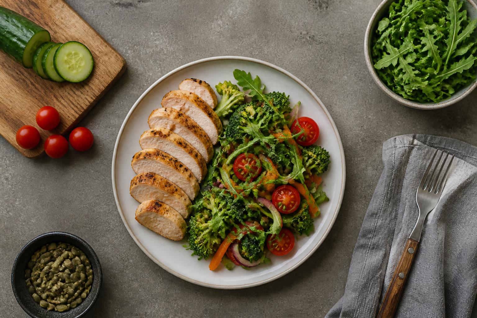 Fresh vegetables and fruits arranged neatly on a wooden kitchen table under soft natural light