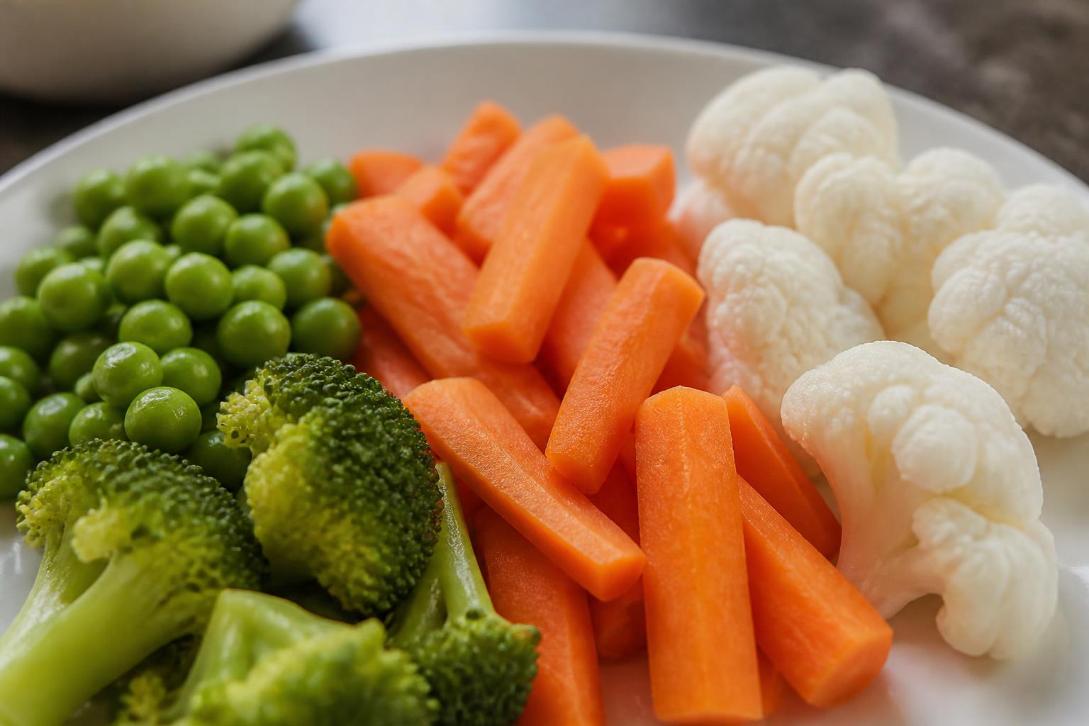 A young child sitting at a wooden table looking skeptically at a plate of colorful raw vegetables