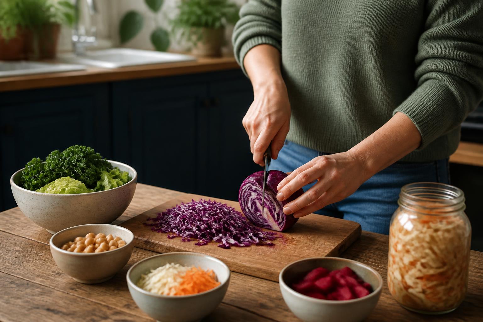 A vibrant assortment of colorful fresh vegetables, fruits, nuts, and fermented foods arranged on a wooden table