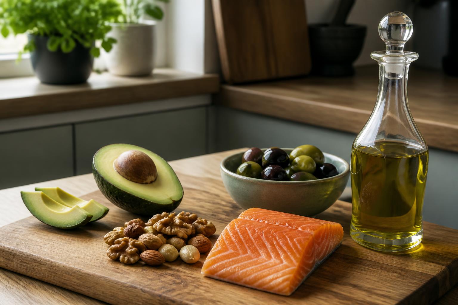 A wooden bowl filled with walnuts, almonds, and sliced avocado sits on a rustic kitchen table
