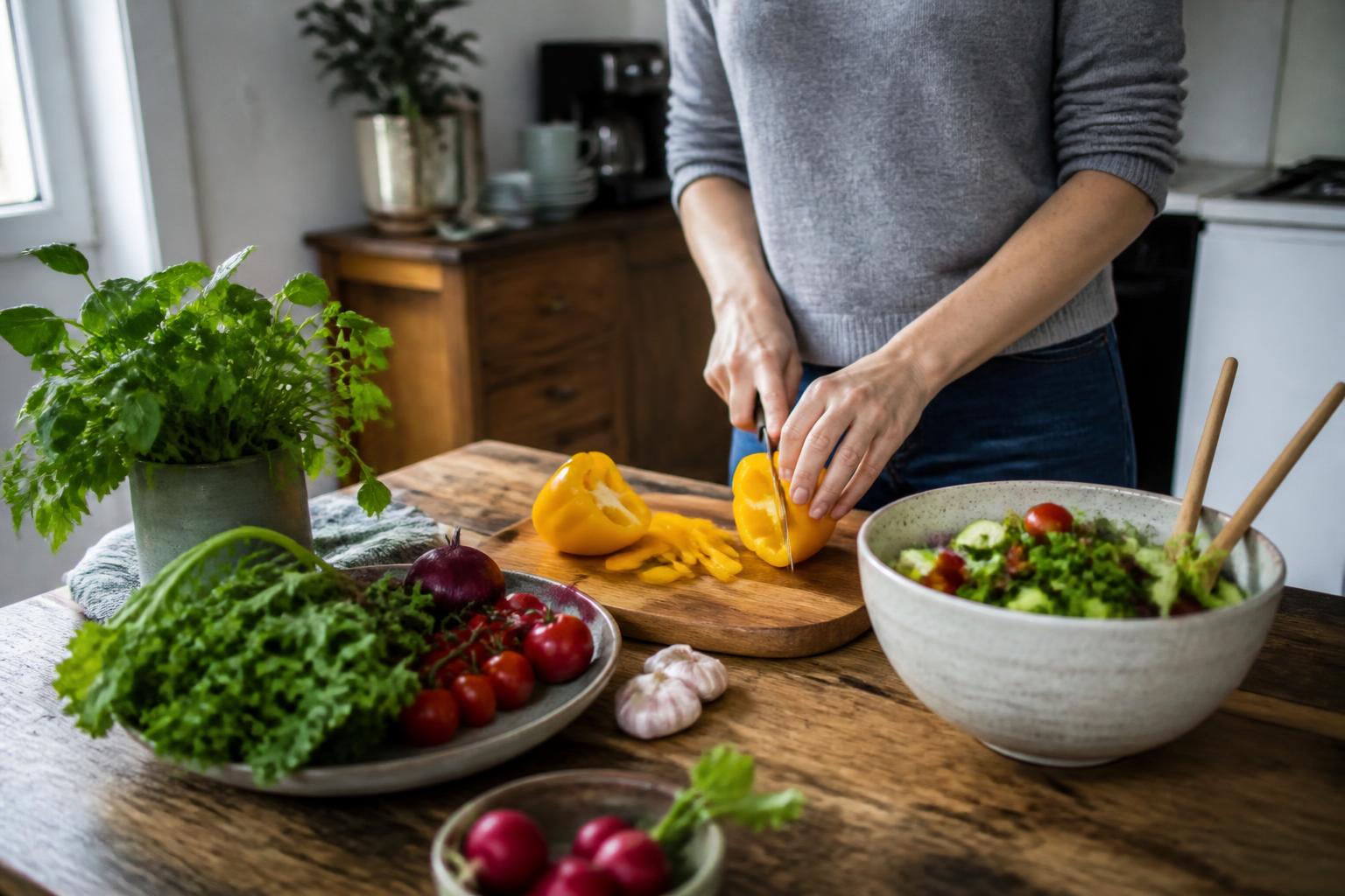 A colorful assortment of fresh vegetables and fruits arranged neatly on a wooden kitchen countertop