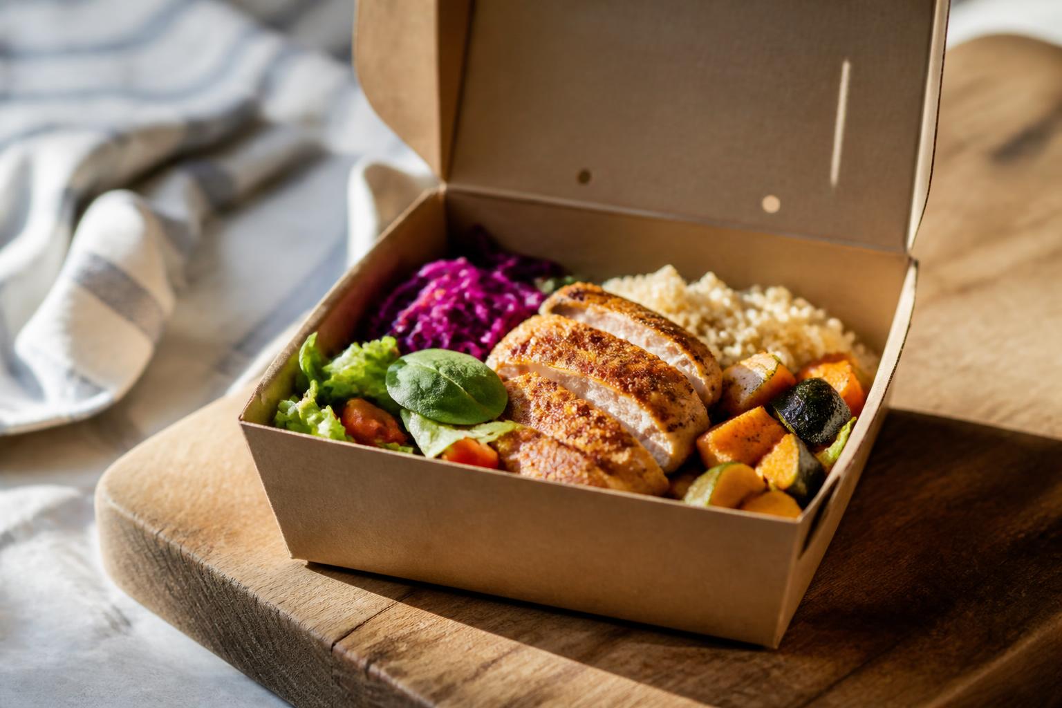 A colorful assortment of fresh vegetable-based takeout dishes arranged on a wooden table