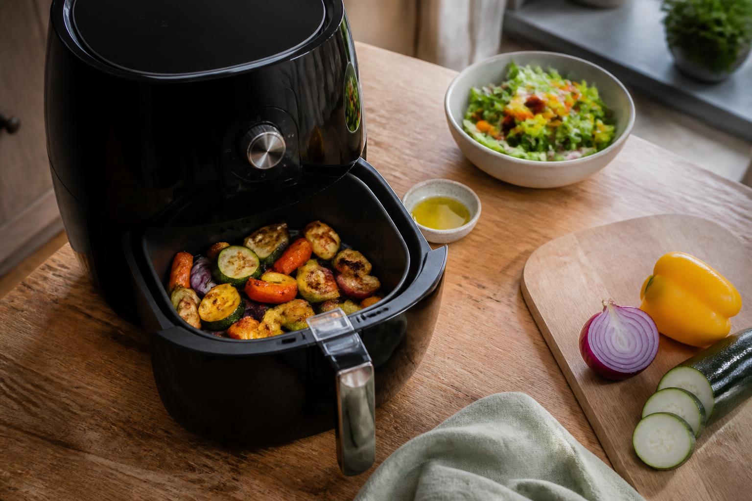 Golden-brown vegetables and chicken pieces arranged neatly inside an open air fryer basket on a kitchen counter