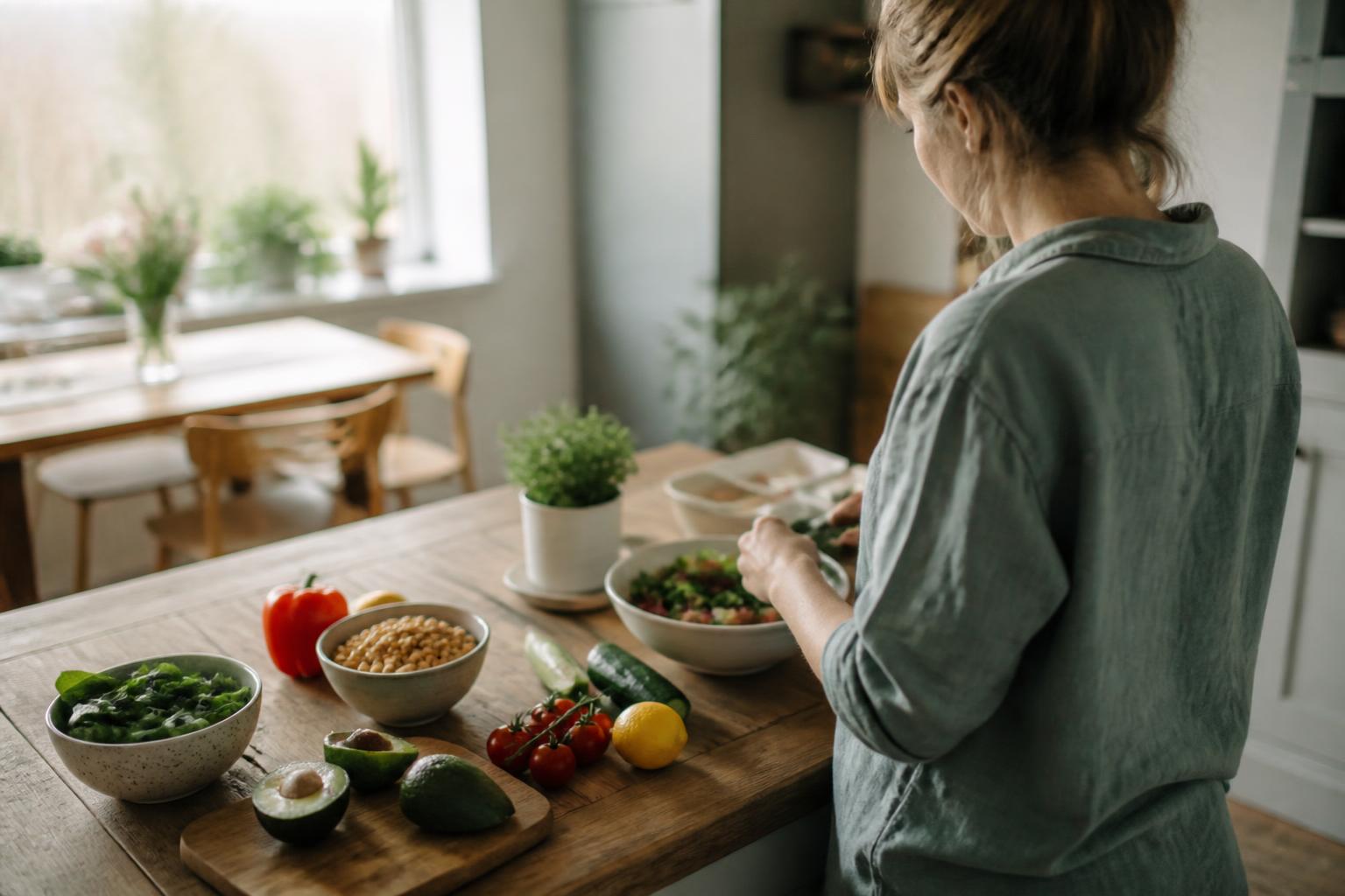 A wooden bowl filled with fresh green kale and vibrant red cherry tomatoes sits on a rustic kitchen counter