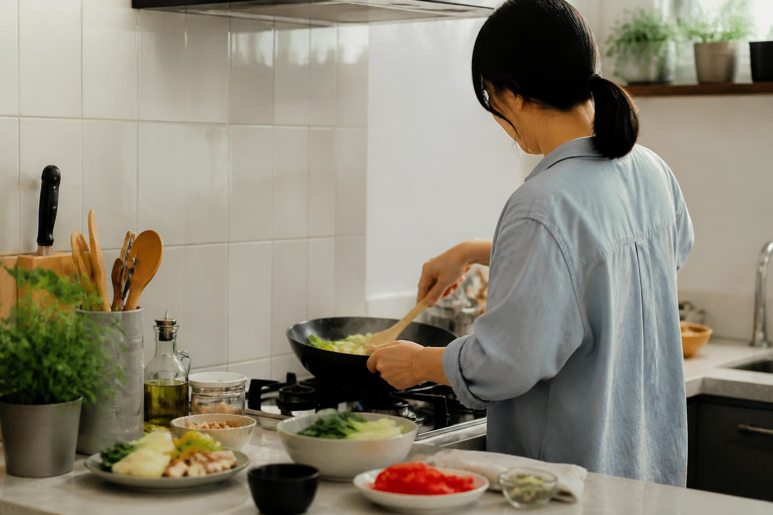 A vibrant stir-fry of colorful vegetables and lean chicken served in a ceramic bowl on a wooden table