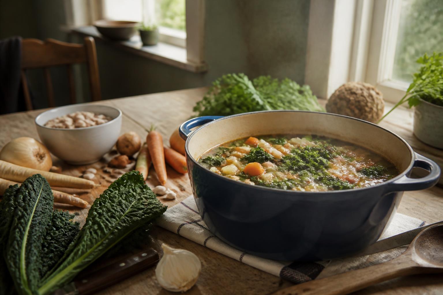 A wooden table topped with roasted root vegetables, kale, citrus fruits and bowls of hearty lentil soup