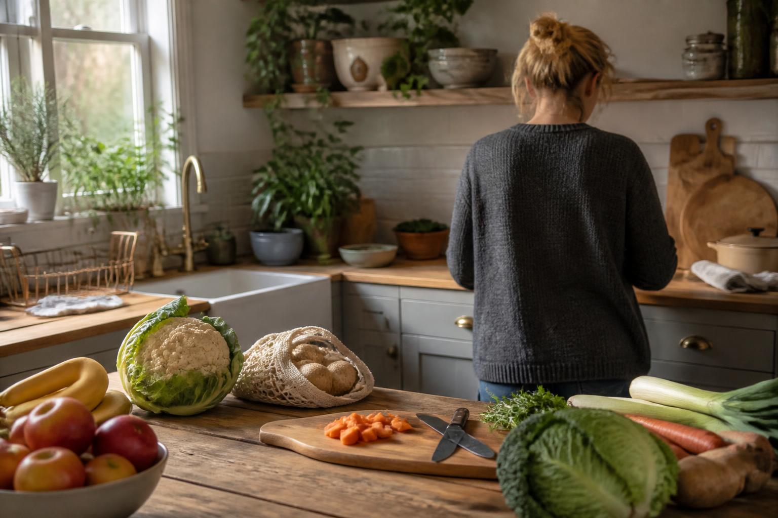 Fresh seasonal vegetables and pantry staples arranged neatly on a wooden kitchen counter