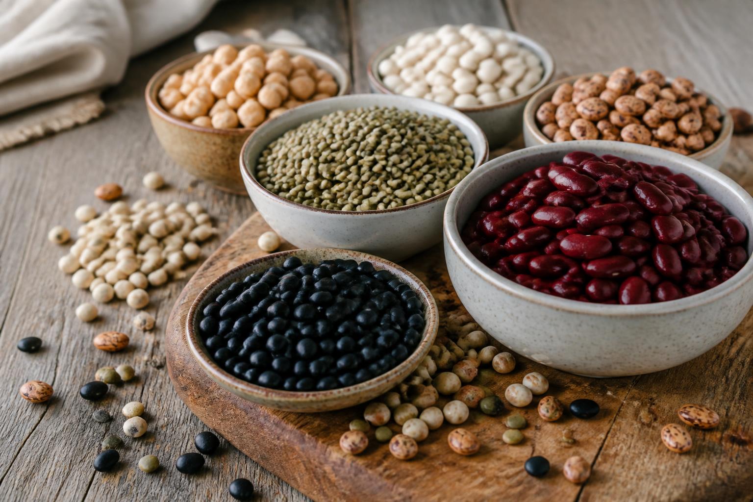 A variety of colorful dried beans arranged in neat rows on a rustic wooden surface