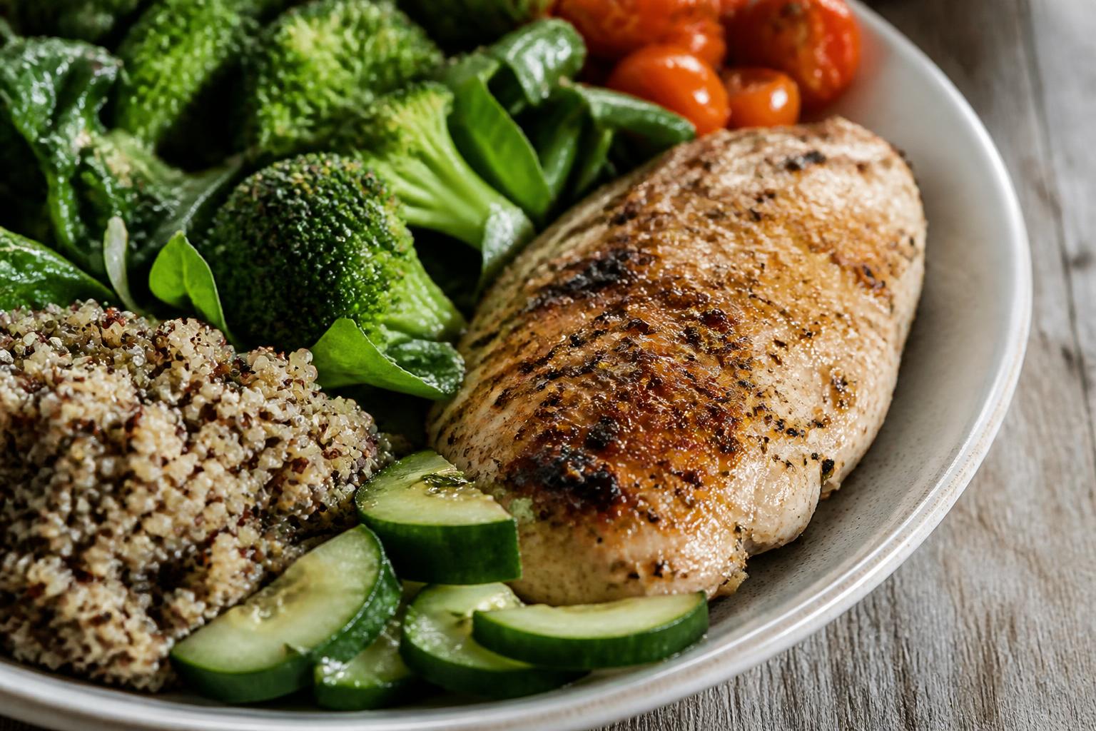 Two plates of balanced, nutritious food arranged neatly on a wooden dining table