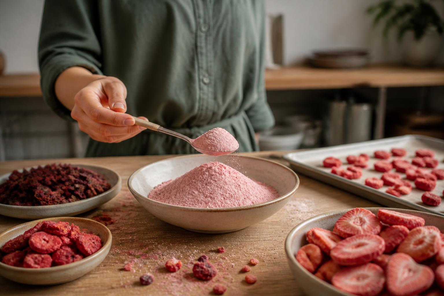 Vibrant pink and yellow fruit powders piled in small glass bowls on a rustic wooden table