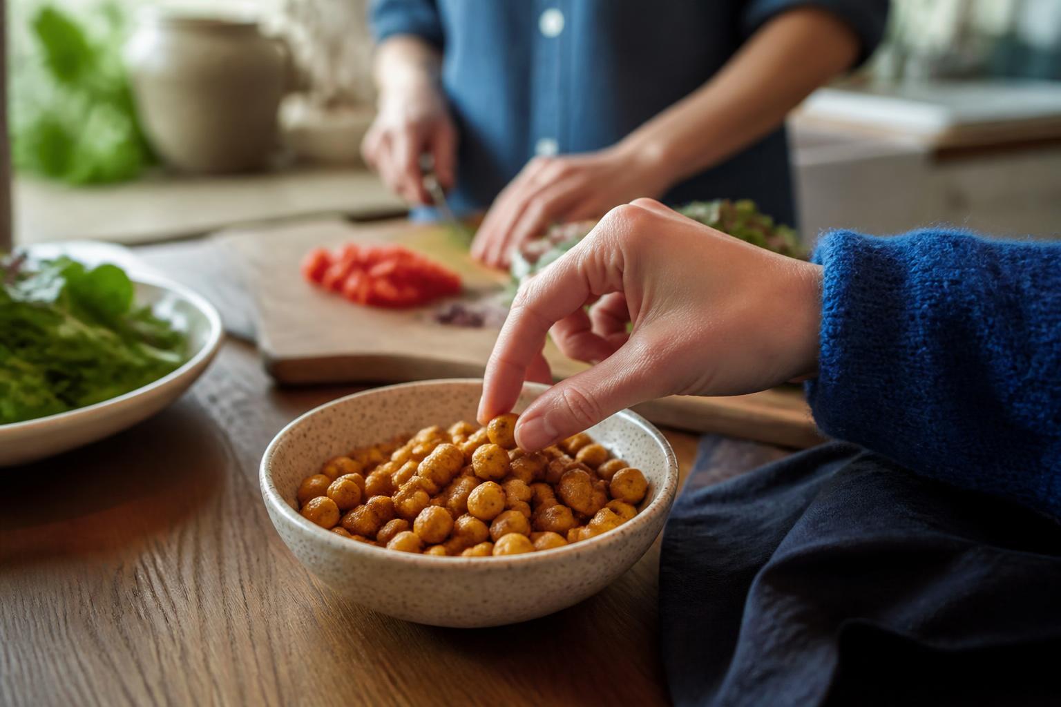 A person in casual clothes smiling while preparing a fresh salad in a sunlit kitchen