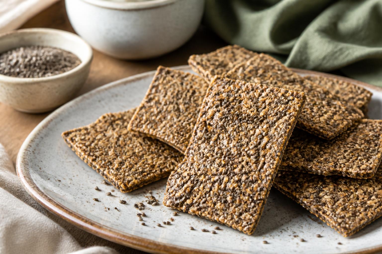 Crispy, golden-brown square crackers studded with black chia seeds arranged on a rustic wooden cutting board