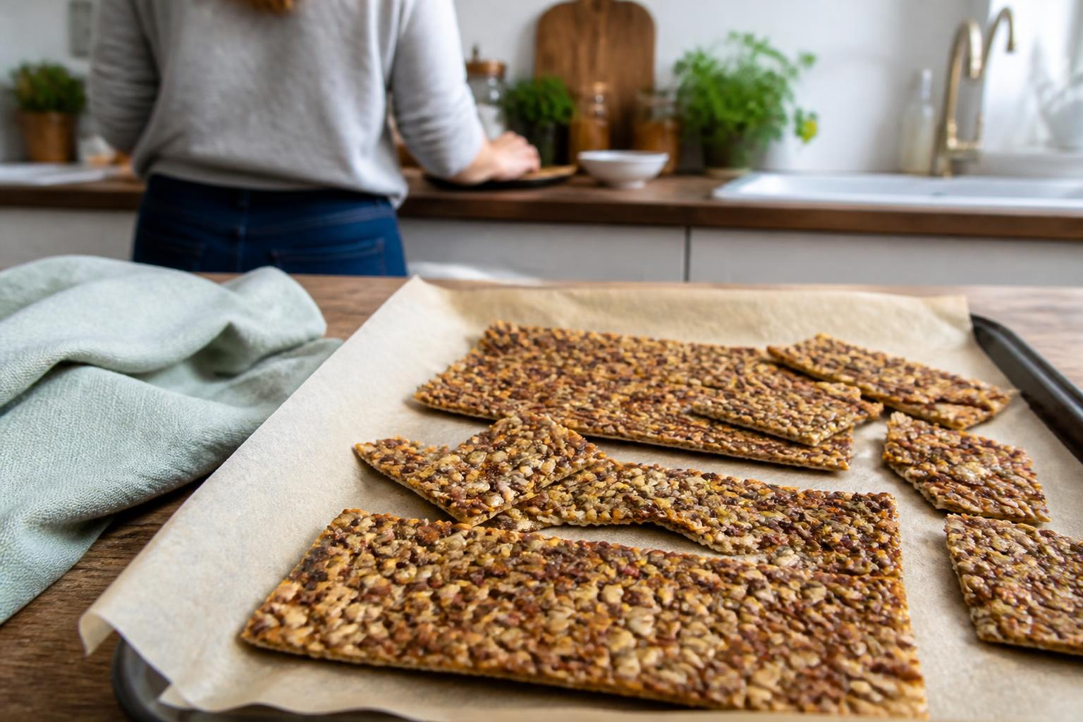 A stack of golden, toasted seed crackers resting on a rustic wooden surface with scattered sunflower seeds