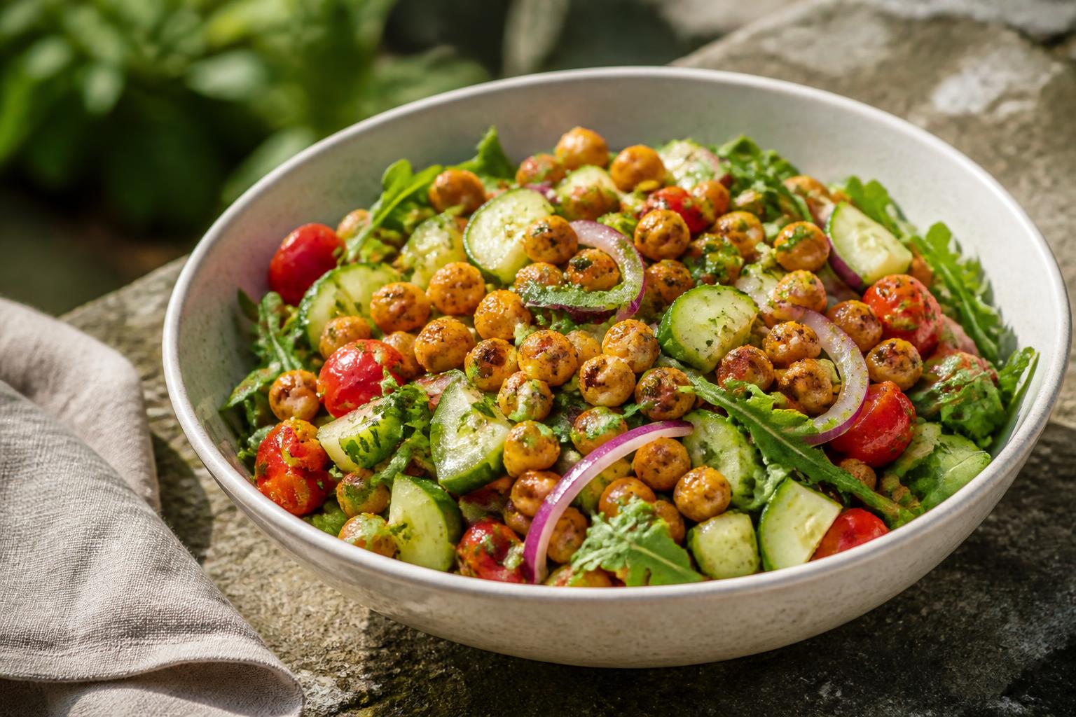 A bowl of golden roasted chickpeas mixed with fresh greens, cherry tomatoes, and cucumber on a wooden table