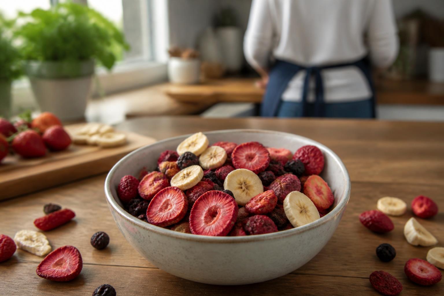 A colorful assortment of freeze-dried strawberry, mango, and banana slices scattered on a white surface