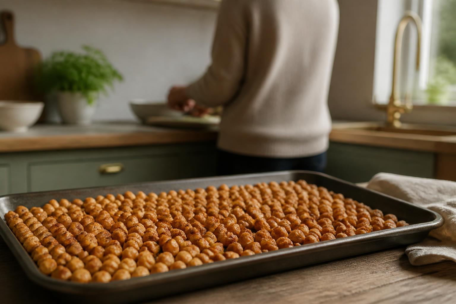 A wooden bowl filled with golden-brown roasted chickpeas sits on a rustic kitchen surface