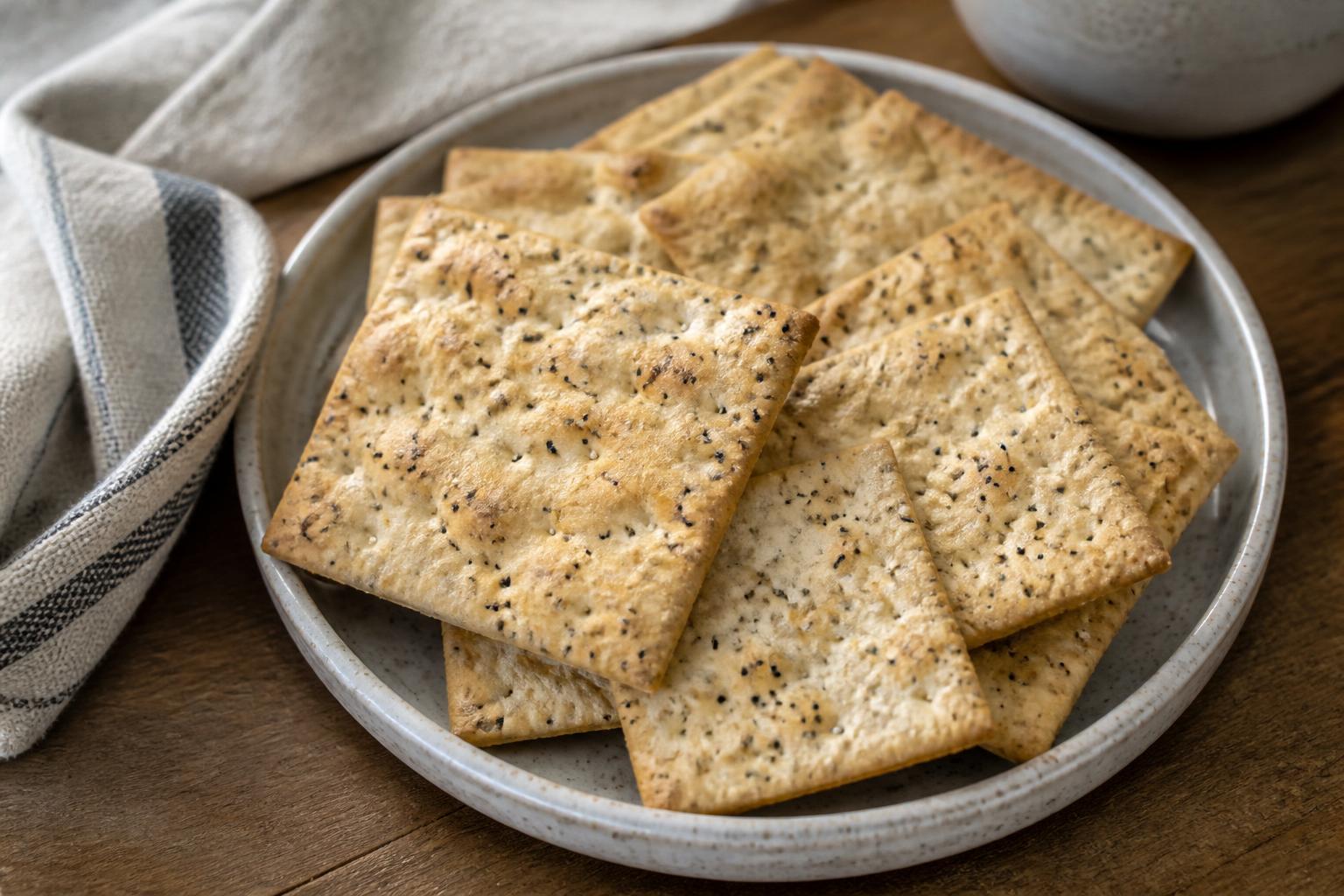 A stack of golden-brown square crackers topped with dark poppy seeds resting on a rustic wooden surface