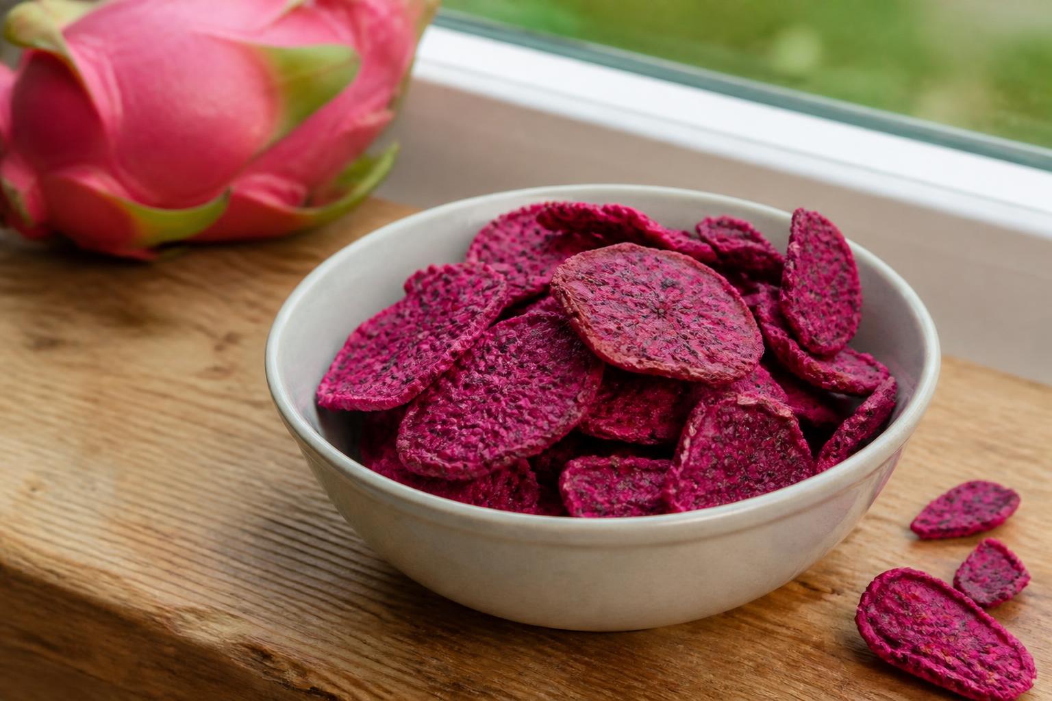 Bright pink cubes of freeze-dried dragon fruit scattered across a clean white surface