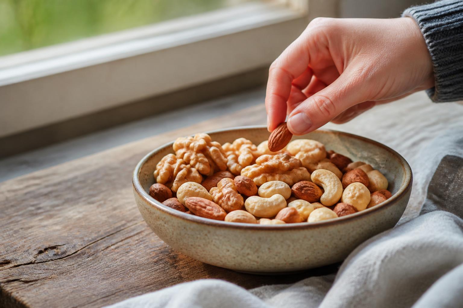 A variety of raw almonds, walnuts, and cashews arranged in small wooden bowls on a rustic table