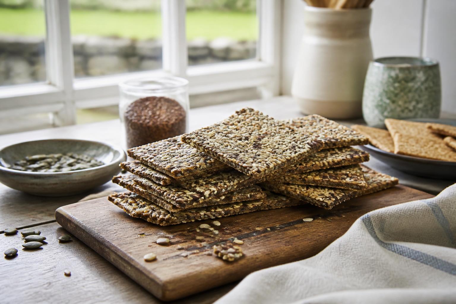 A variety of seed crackers arranged on a wooden board alongside small bowls of seeds and grains
