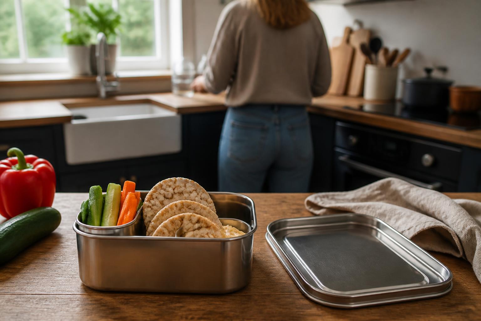 Fresh vegetables and crackers arranged neatly in a divided glass container on a wooden kitchen counter
