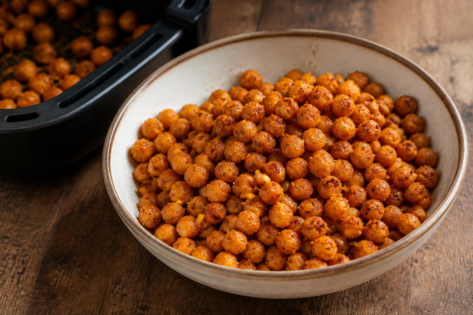 Golden-brown roasted chickpeas scattered across a dark surface with a light dusting of spices