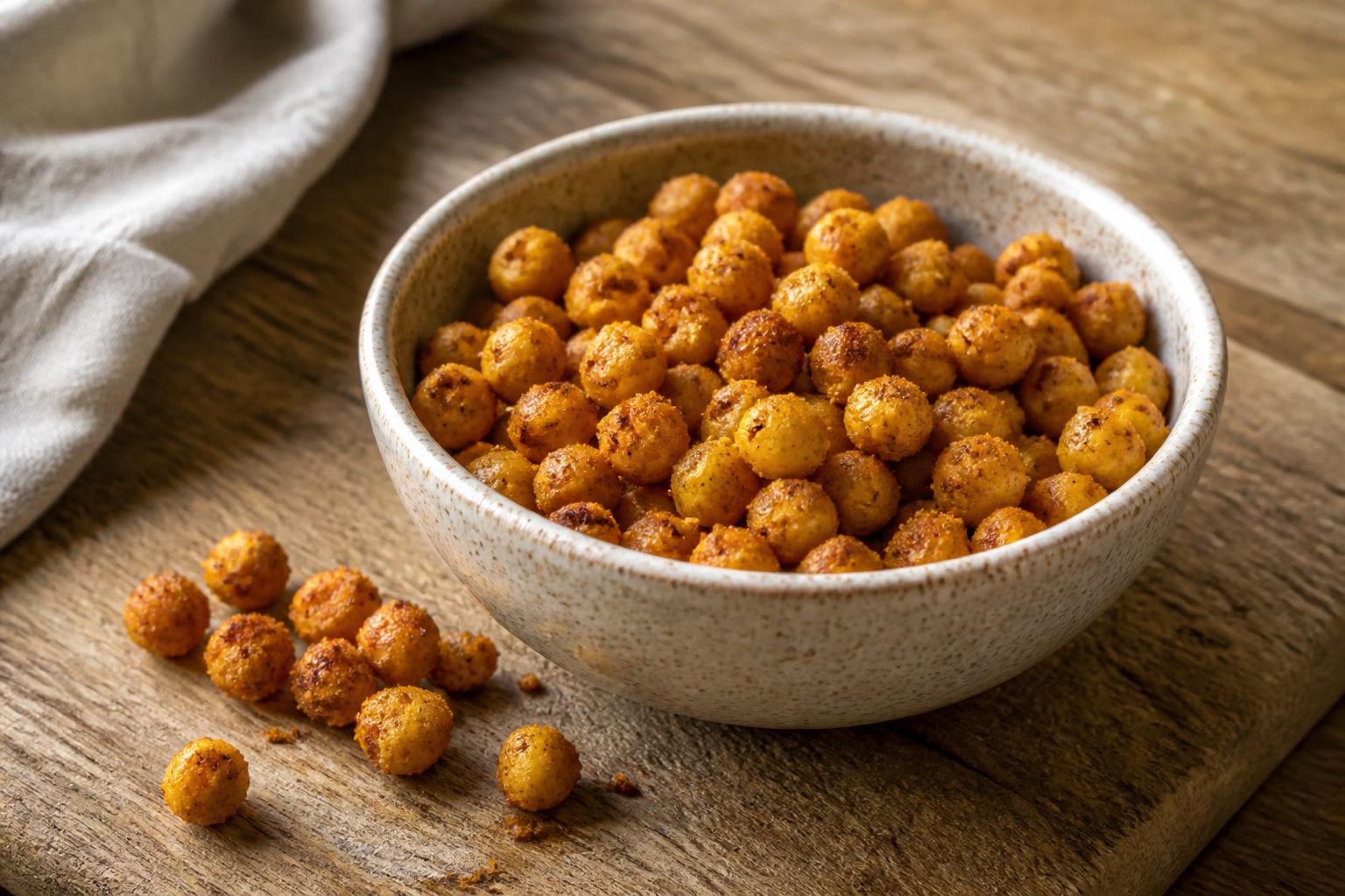 A wooden bowl filled with roasted chickpeas, nuts, and sliced vegetables sits on a rustic kitchen surface