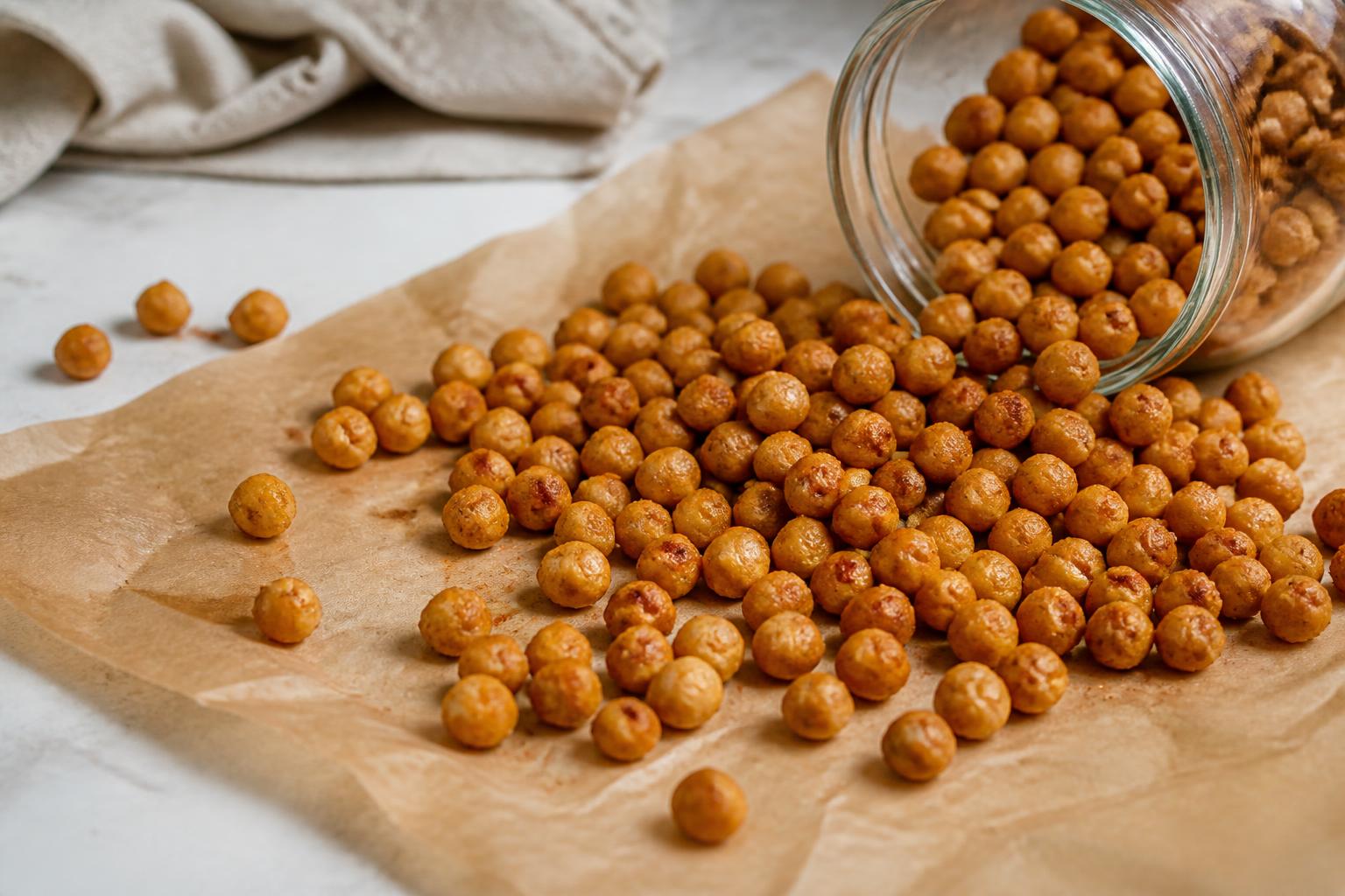A glass bowl filled with golden-brown roasted chickpeas sits on a rustic wooden table sprinkled with sea salt
