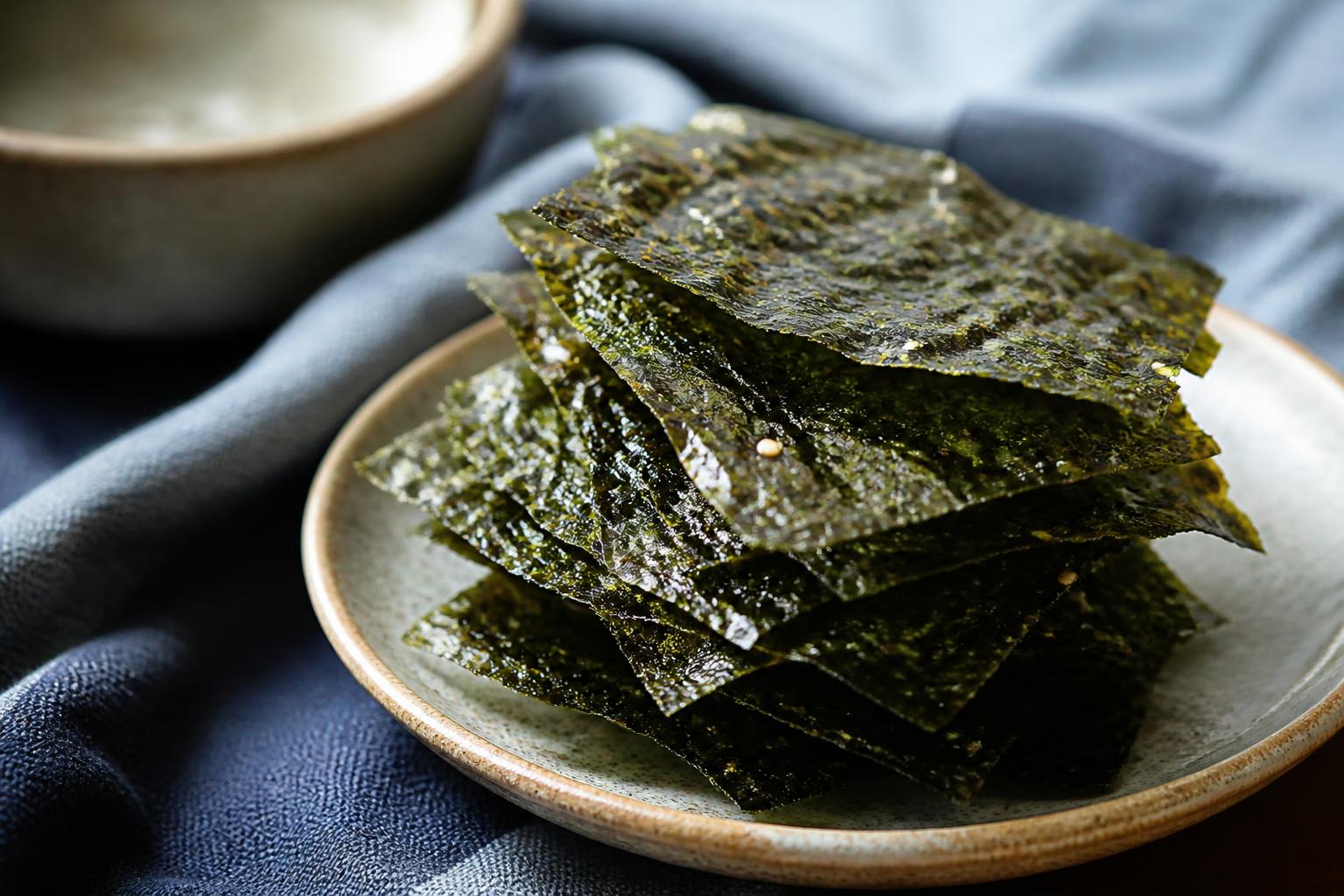 Thin, dark green sheets of roasted seaweed stacked neatly on a rustic wooden surface