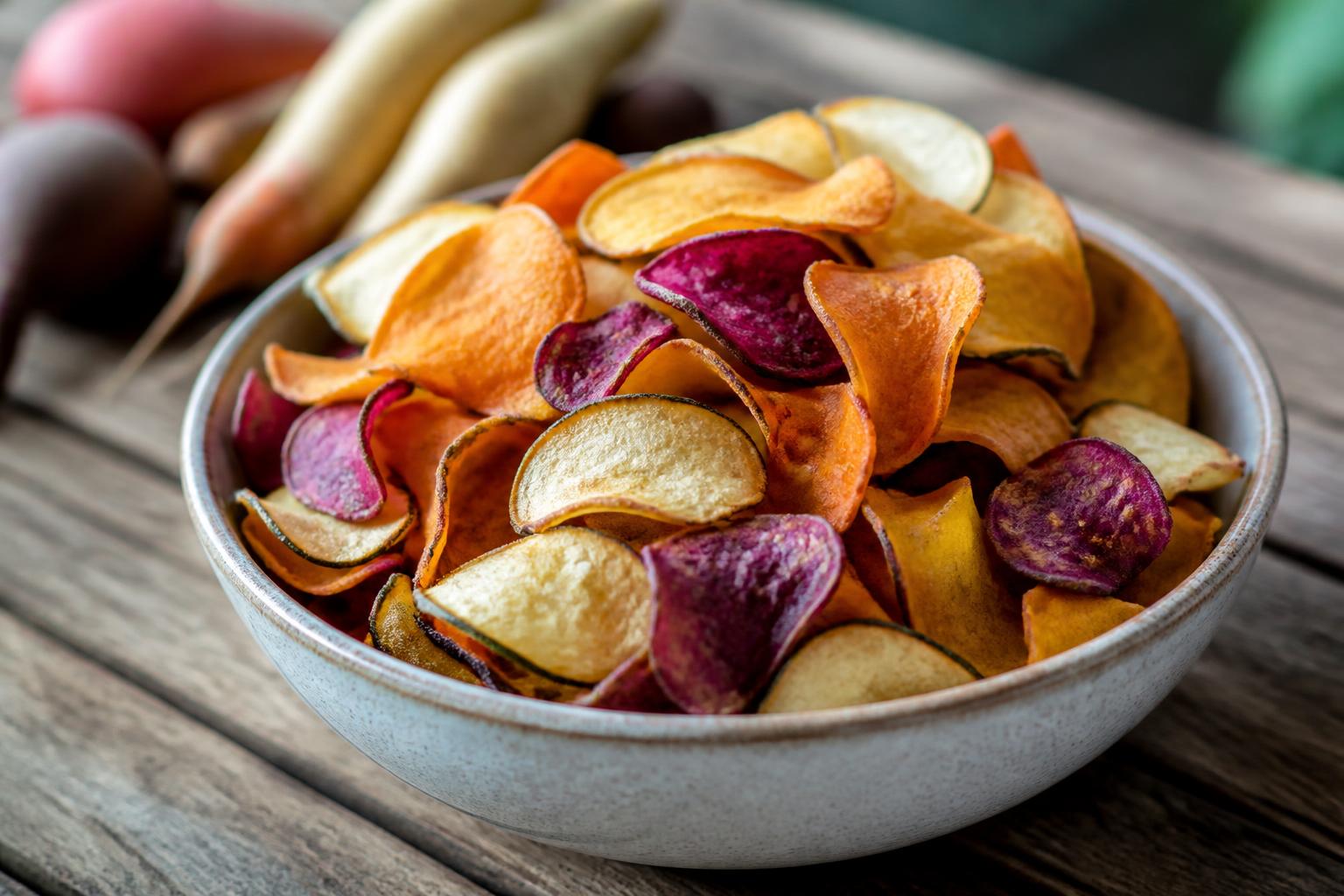 A variety of colorful vegetable crisps arranged in a rustic wooden bowl on a light surface