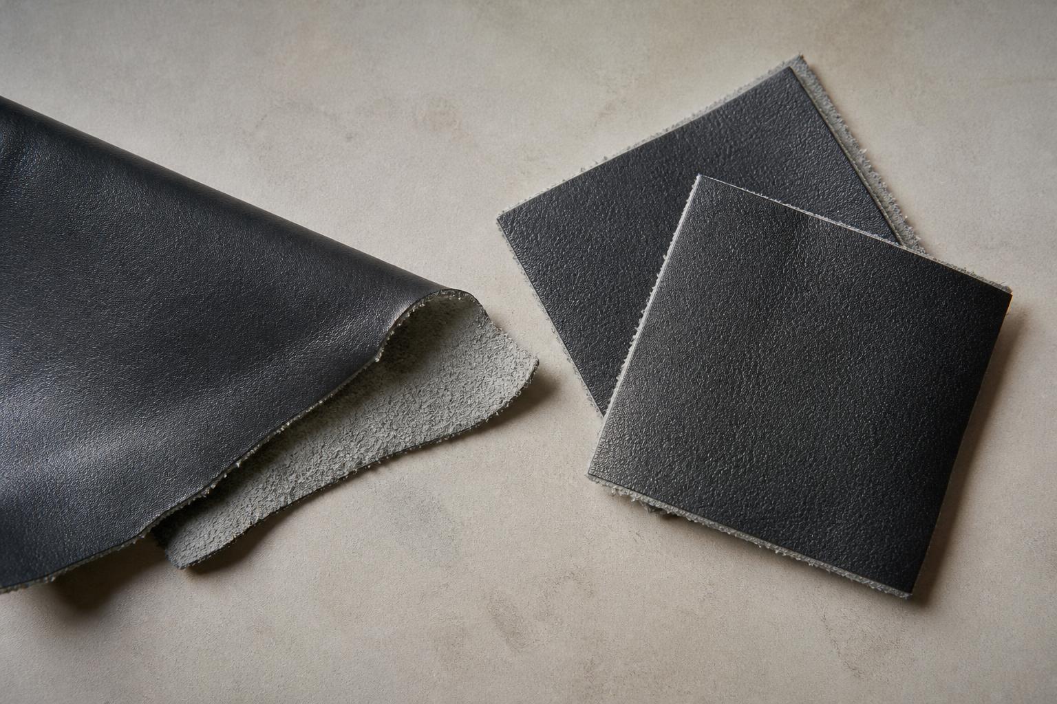 Close-up of a textured, tan-colored piece of bonded leather showing its fibrous, layered surface structure