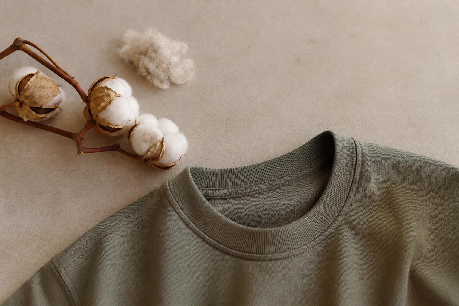 A neatly folded stack of organic cotton shirts in neutral earth tones resting on a wooden surface