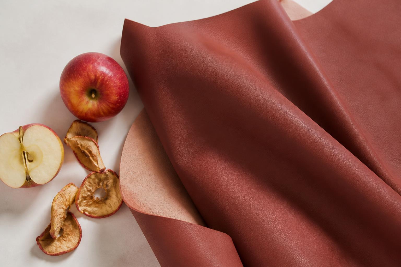 Close-up of textured apple leather fabric draped in soft folds against a neutral background