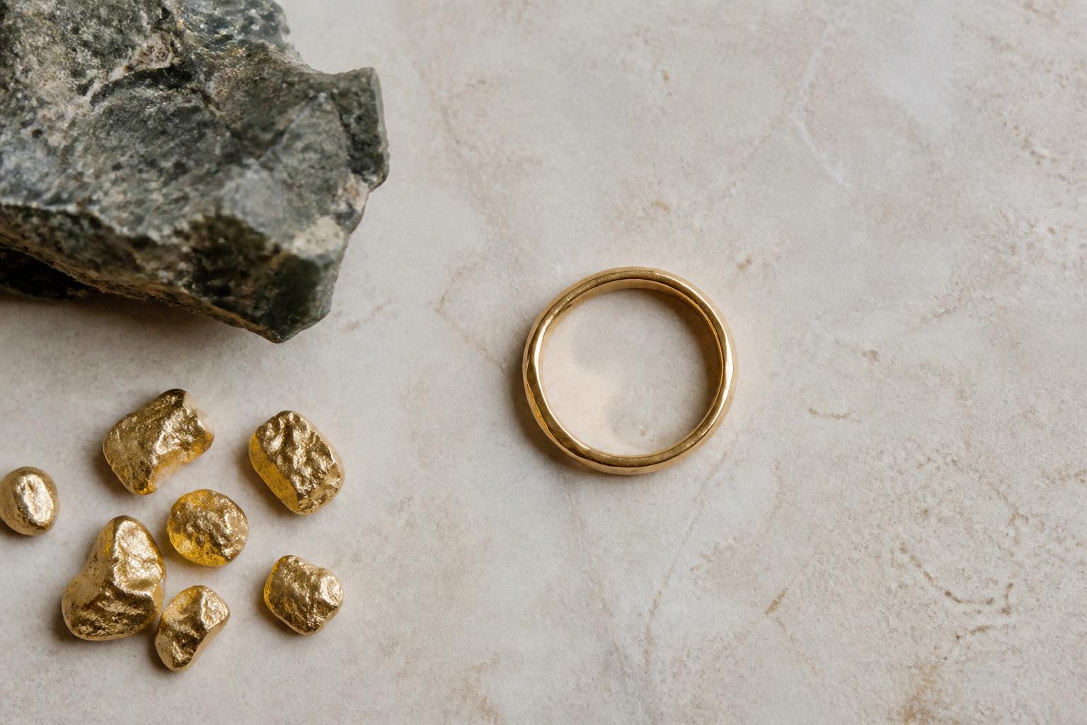 Close-up of a person's hands holding a delicate gold ring against a soft-focus workshop background