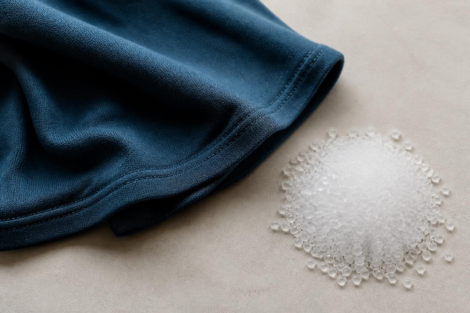 Close-up of a white clothing label with black text attached to a textured fabric garment