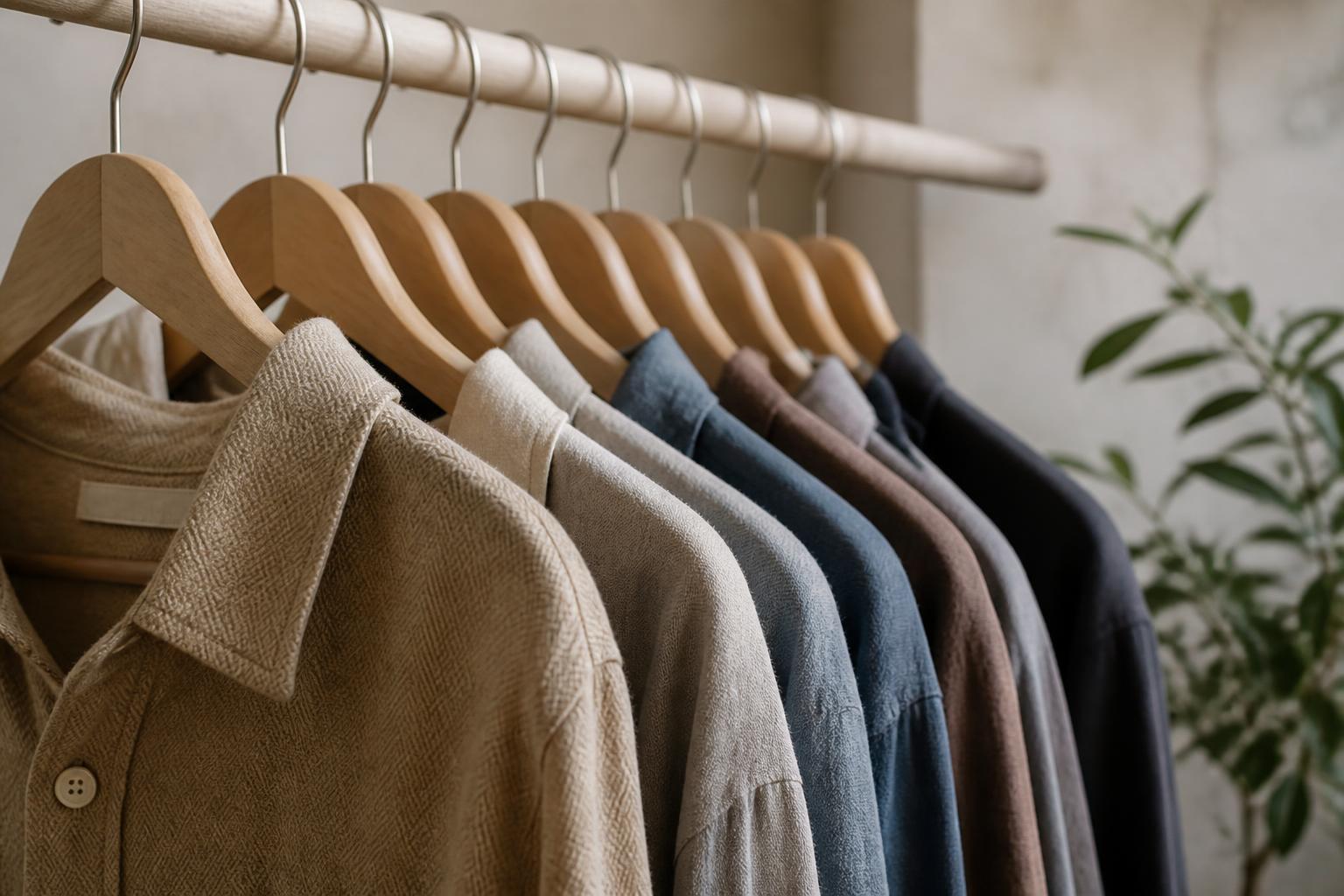 A neatly folded stack of organic cotton garments resting on a wooden table in a bright, minimalist studio