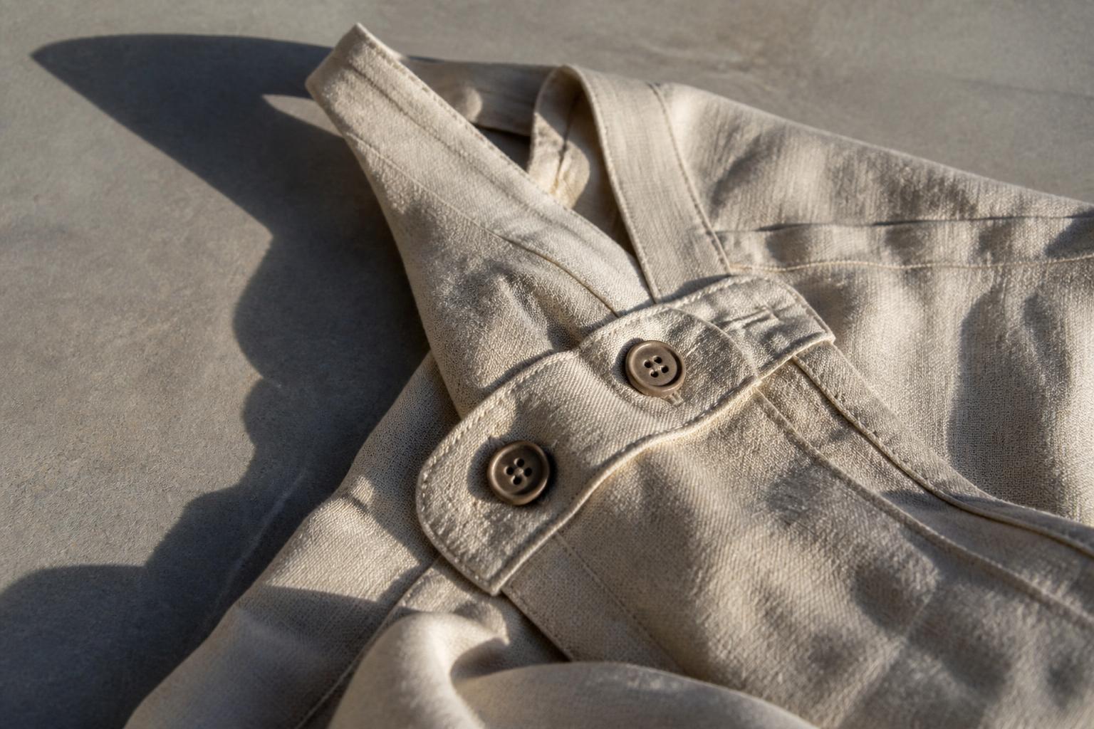 A beige linen shirt hangs on a wooden hanger against a plain white wall