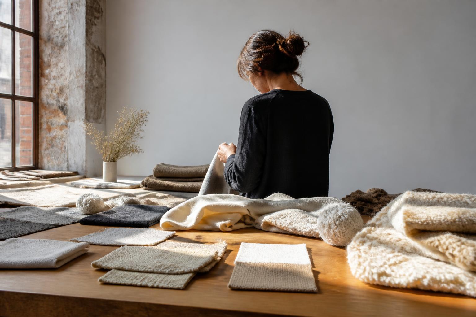 Close-up of various fabric swatches in different textures and neutral colors layered on a wooden surface