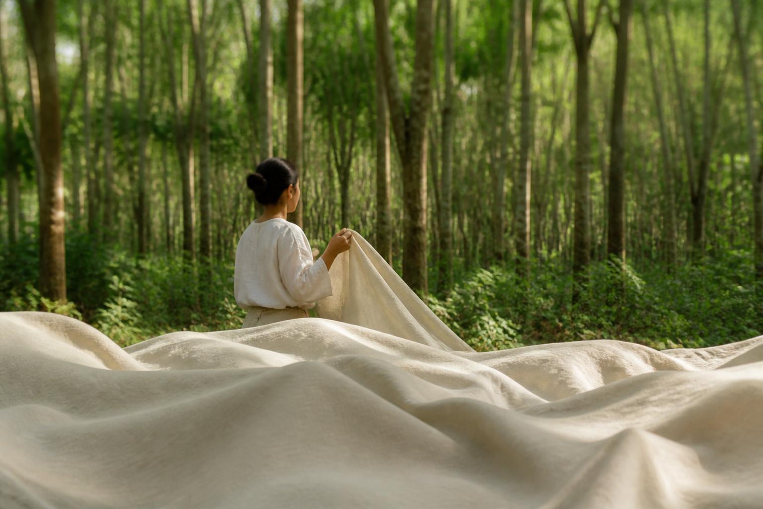 Close-up of soft, white textile fibres arranged in a neat, layered stack against a neutral background
