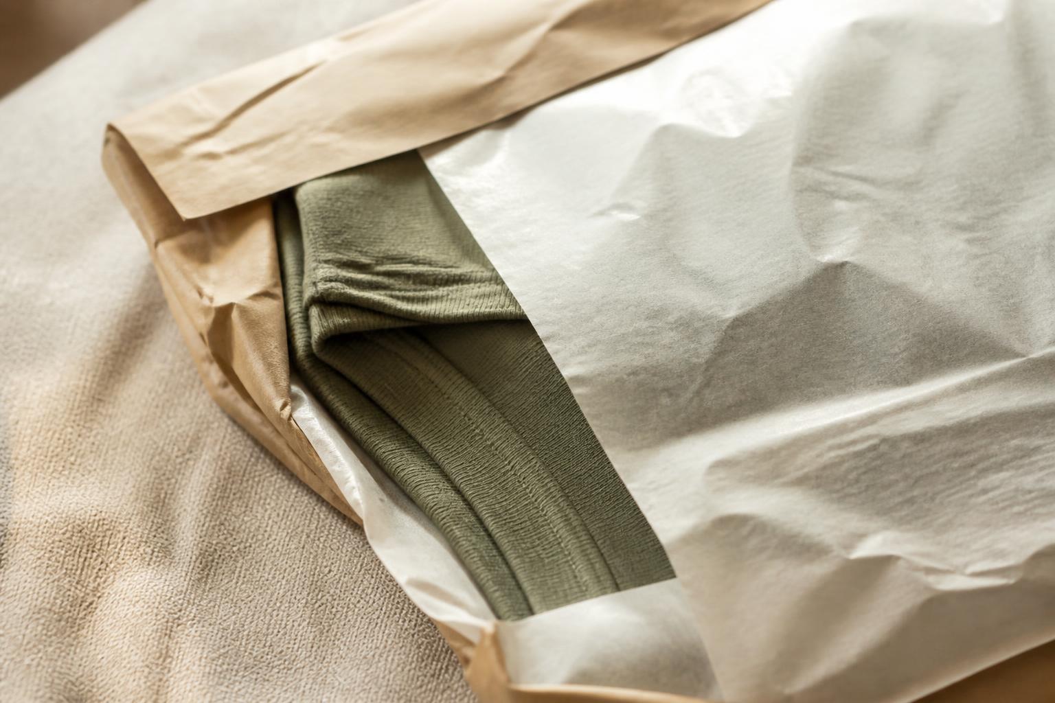 Minimalist cardboard clothing packaging stacked neatly on a clean wooden surface