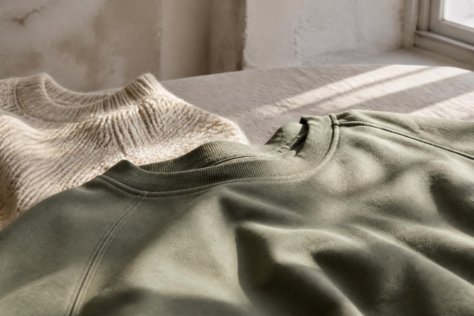 Close-up of a clothing tag labeled 100% organic cotton hanging from a beige fabric garment