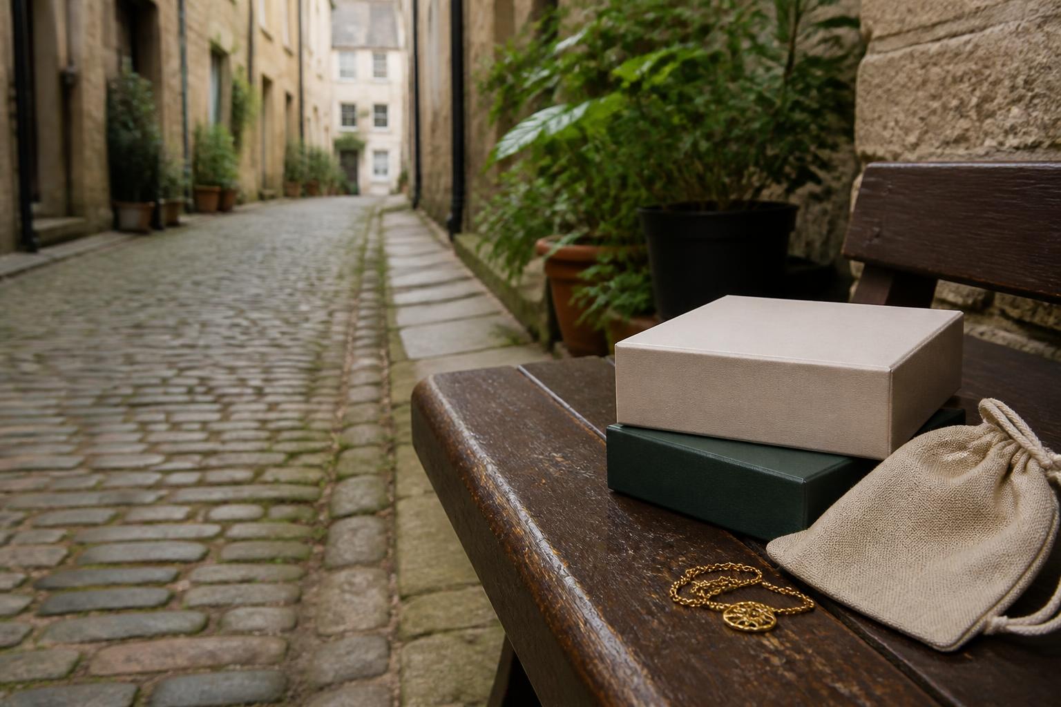 A collection of minimalist, eco-friendly cardboard jewellery boxes arranged on a light wooden surface