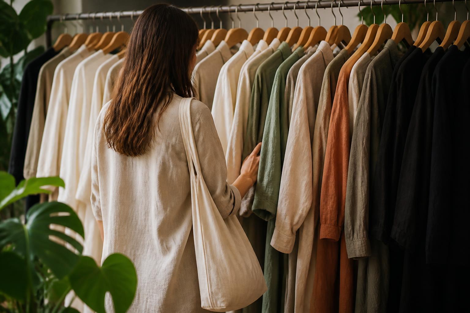 A clothing tag with the word sustainable printed in green hanging from a garment against a blurred retail background