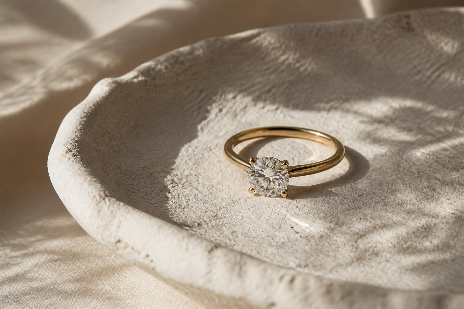 A sparkling round-cut diamond resting on a dark velvet surface under soft studio lighting